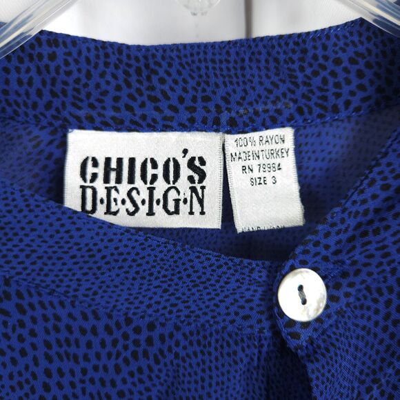 Chico's Design 3 Womens 16 Blue Animal Print Roll Tab Sheer Button Down Blouse - Picture 2 of 7